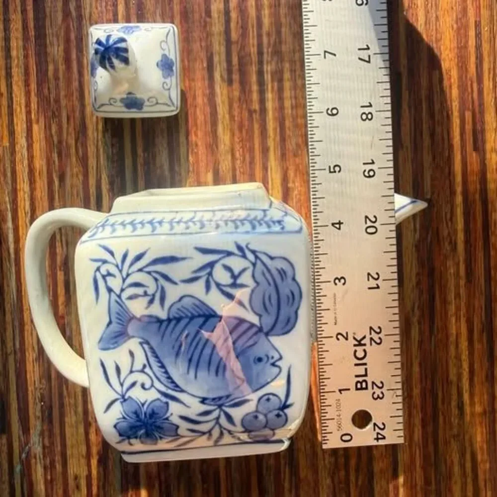 Vintage Blue and White Chinese Ceramic Fish Teapot - De Chang Tao Ci